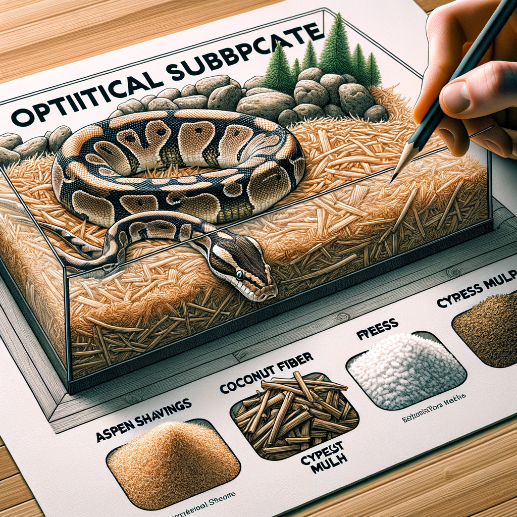 Variety of best substrates for snake enclosures including aspen shavings, coconut fiber, and cypress mulch, emphasizing the importance of snake bedding selection for optimal snake enclosure setup.