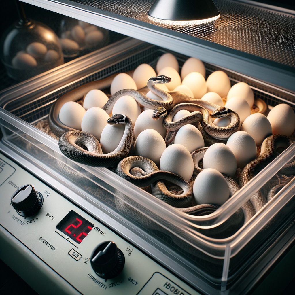 Professional snake egg incubator setup with temperature and humidity controls, demonstrating pet snake egg care, incubation methods, and hatching techniques for successful pet snake breeding.