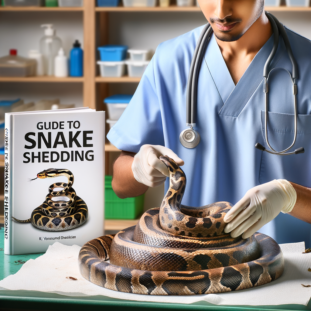 Professional veterinarian providing proper snake shedding care to a healthy snake in a well-equipped reptile shedding support environment, with a 'Guide to Snake Shedding' book in the background